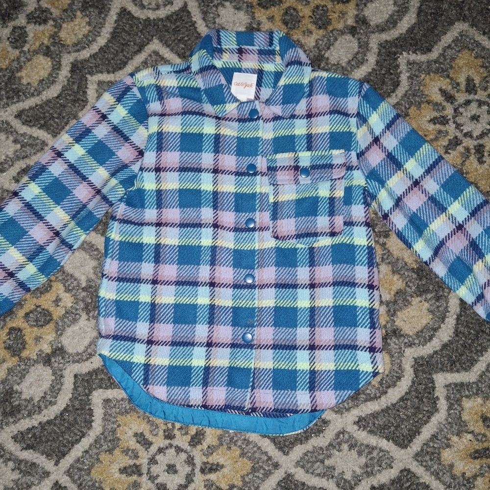Girls Cat & Jack Plaid Shacket Jacket Turquoise Snap Closure Long Sleeves M (8)